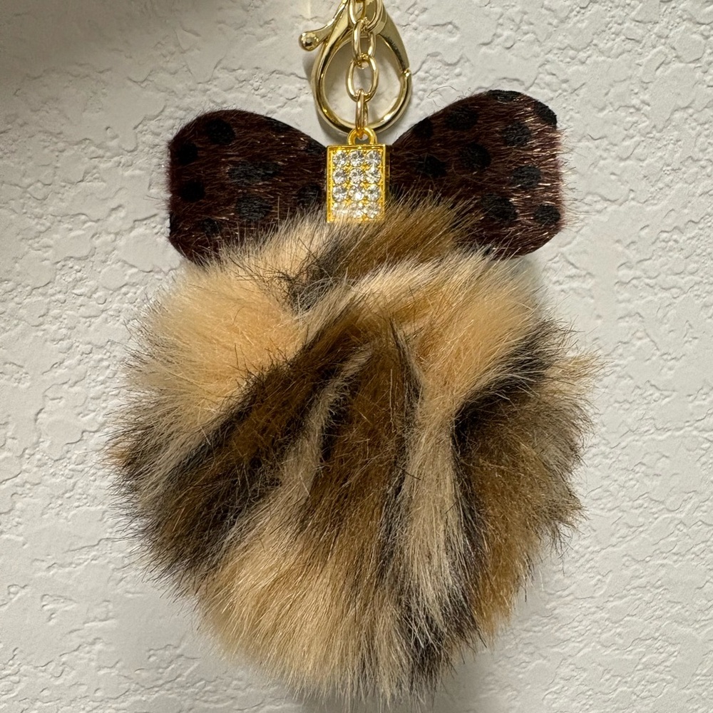 Animal Print Bow Keychain with Animal Print Fluffy Pom Pom